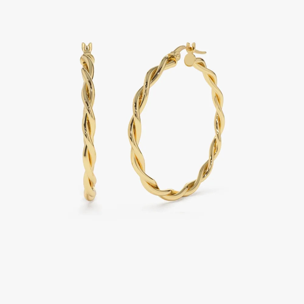 14k Solid Gold Twisted Hoop Earrings 40mm Large Design 3.5mm Width