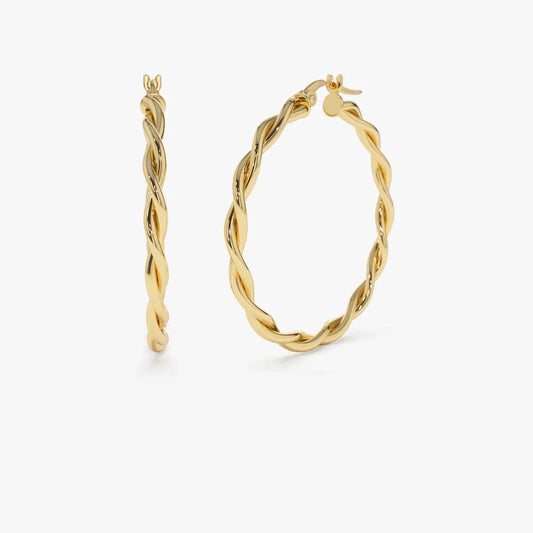 14k Solid Gold Twisted Hoop Earrings 40mm Large Design 3.5mm Width