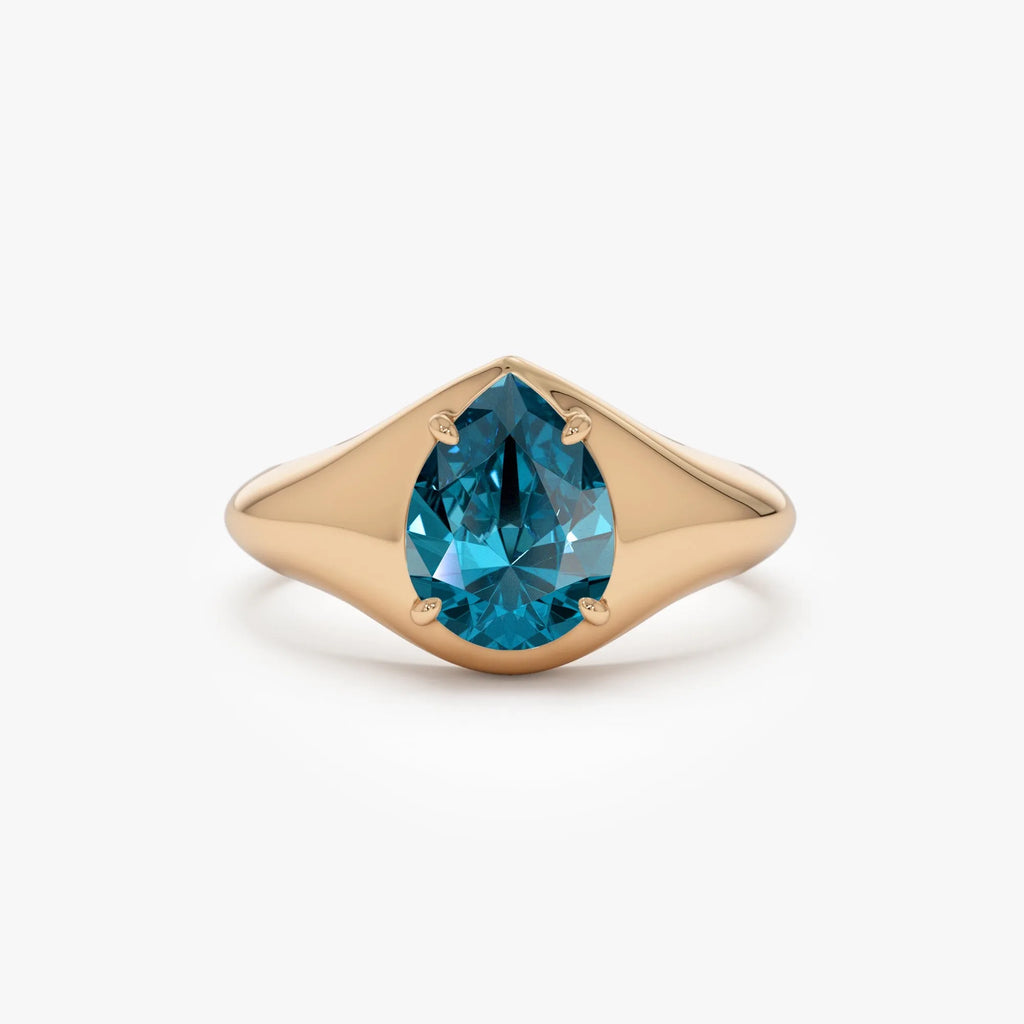 14K Solid Gold Pear Shaped London Blue Topaz 1.15ctw Statement Ring