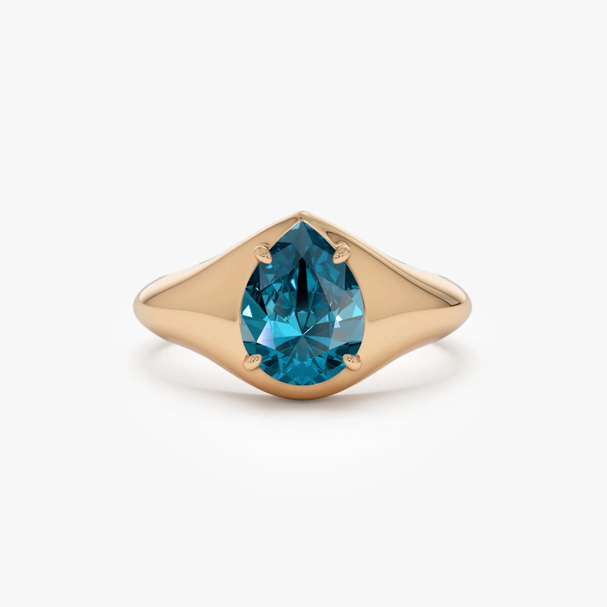 14K Solid Gold Pear Shaped London Blue Topaz 1.15ctw Statement Ring