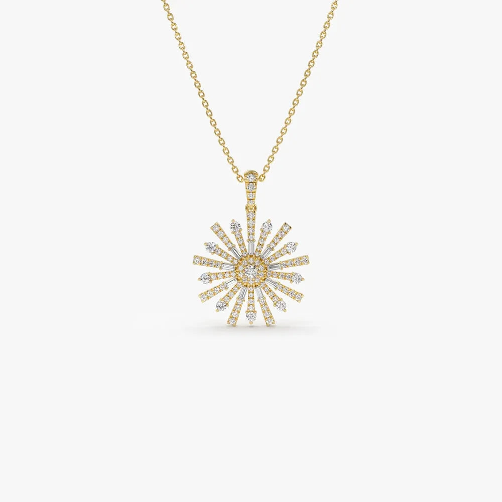 14K Solid Gold Baguette and Round Diamond Unique Statement Necklace 0.90ctw