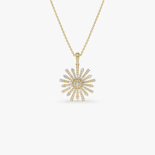 14K Solid Gold Baguette and Round Diamond Unique Statement Necklace 0.90ctw