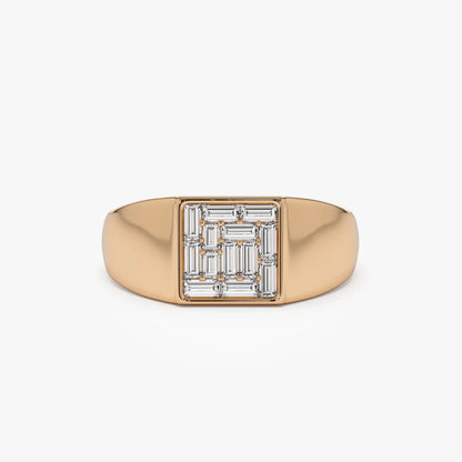 14k Solid Gold Baguette Diamond 0.50 Carat Square Illusion Setting Signet Pinky Ring