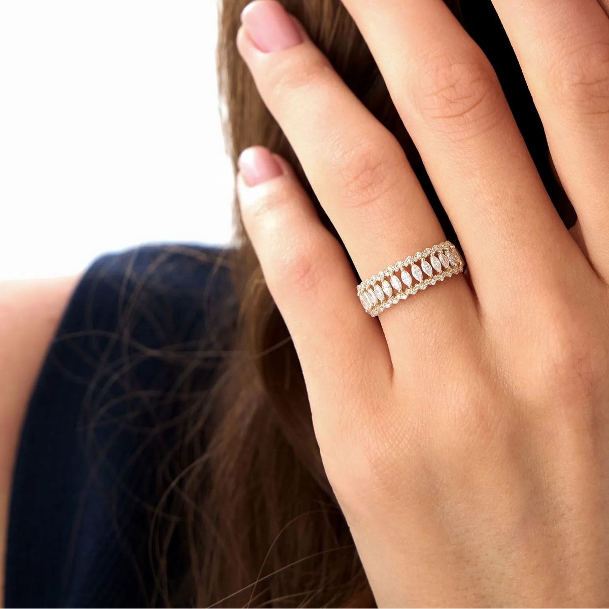14k Solid Gold Marquise and Round Diamond 0.58 Carat Wide Pave Band Ring