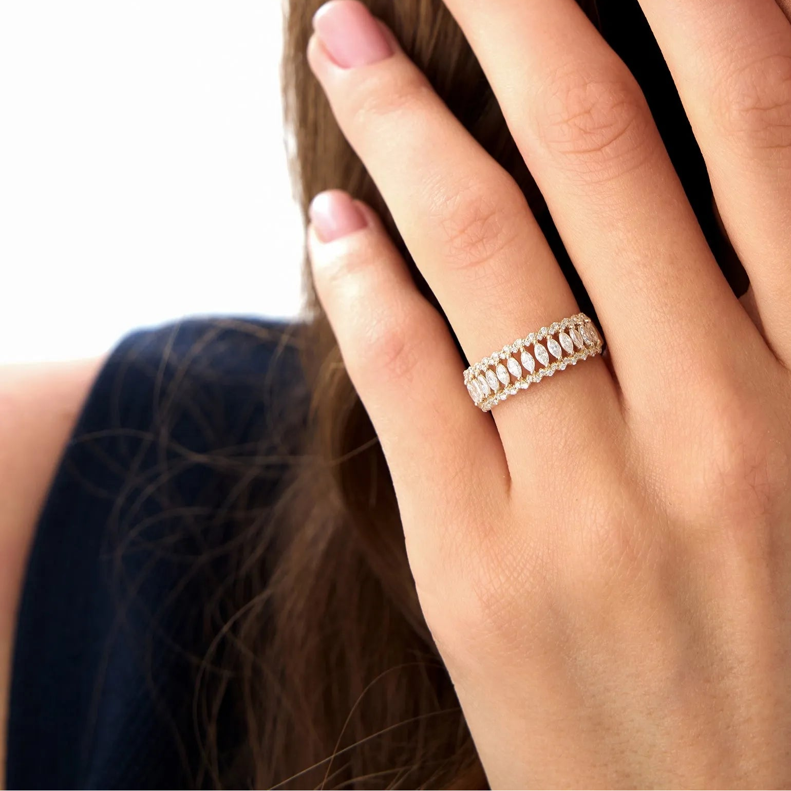 14k Solid Gold Marquise and Round Diamond 0.58 Carat Wide Pave Band Ring