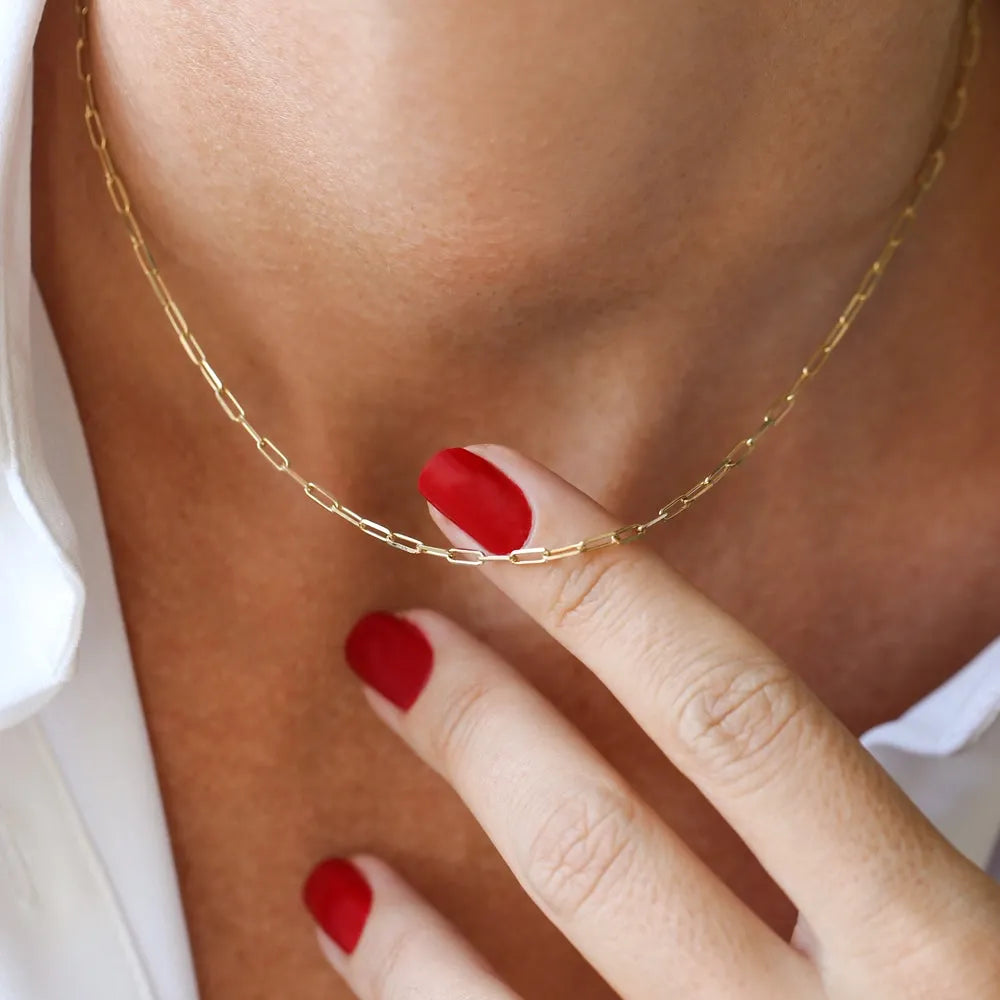 14k Solid Gold Tiny Paperclip Link Necklace Minimalist Layering Chain