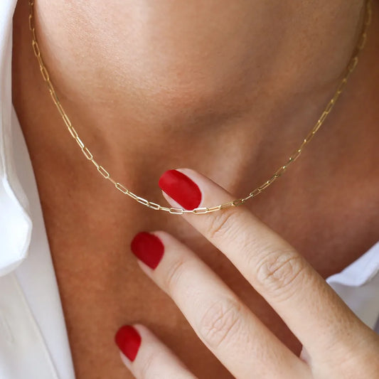 14k Solid Gold Tiny Paperclip Link Necklace Minimalist Layering Chain