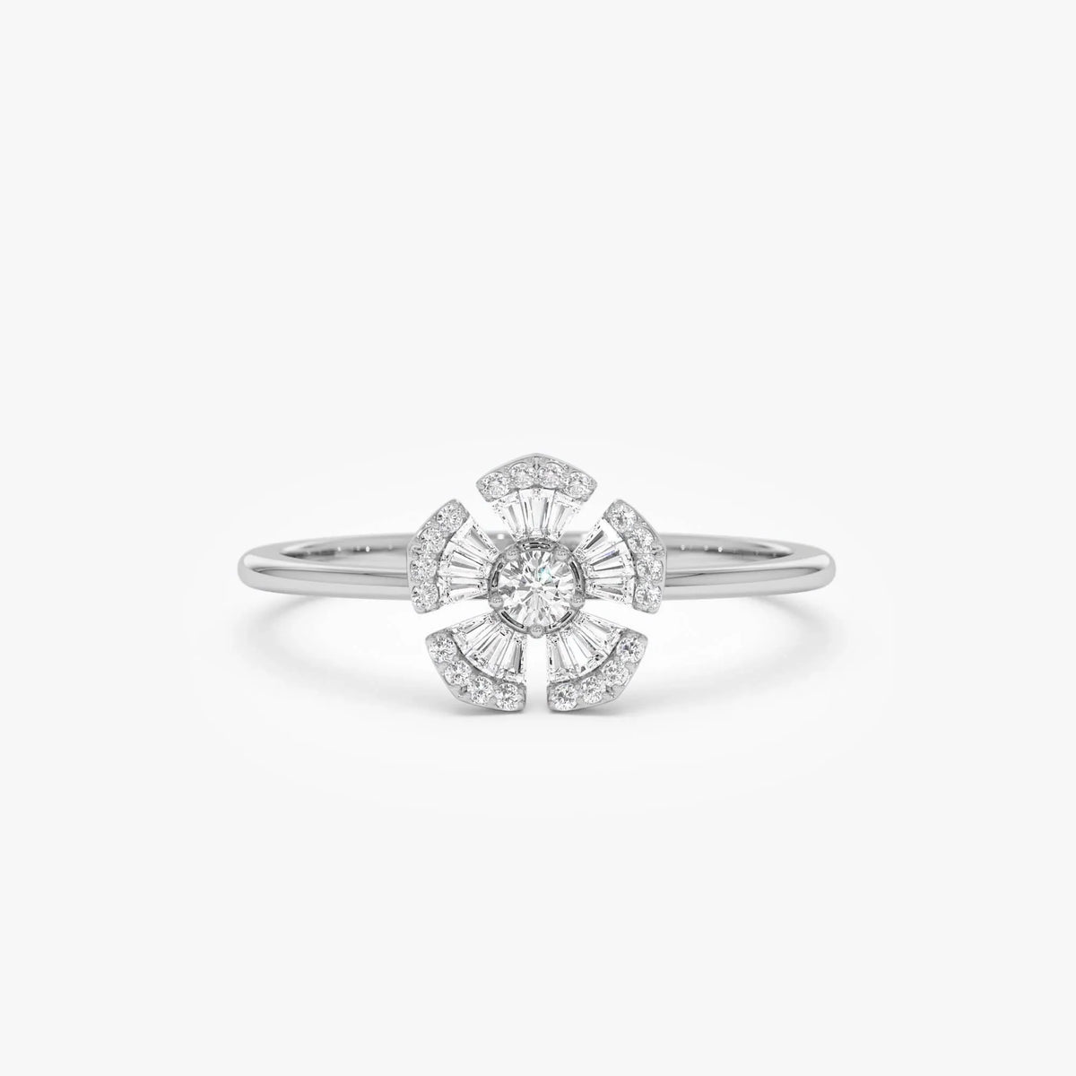 14k Gold 0.33 ctw Round and Baguette Diamond Floral Ring