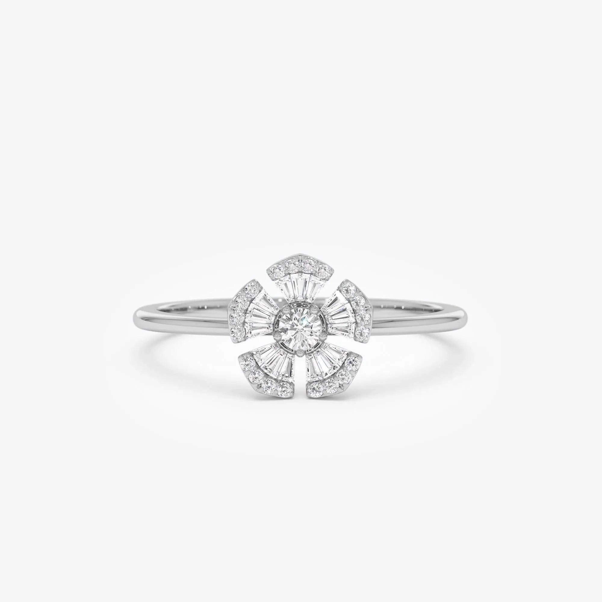 14k Gold 0.33 ctw Round and Baguette Diamond Floral Ring
