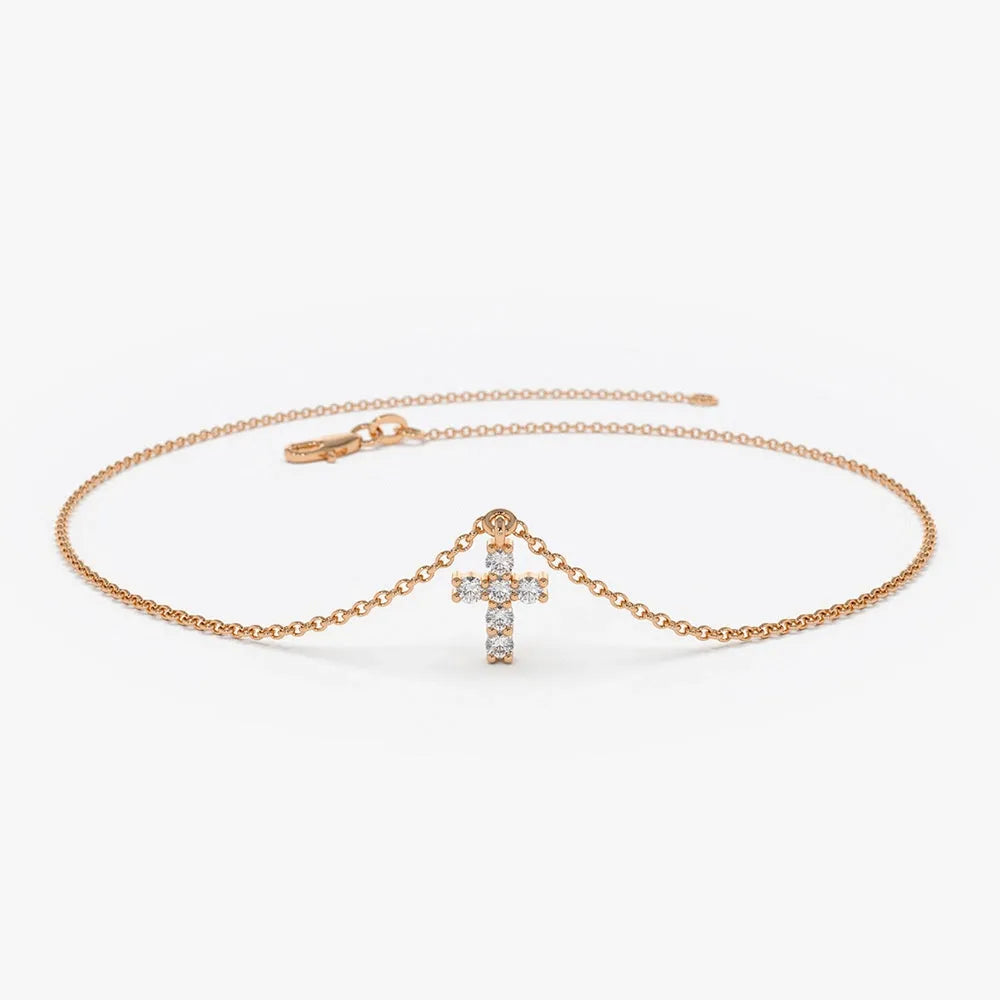 14K Solid Gold Round Diamond Cross Charm Bracelet 0.07 Carat