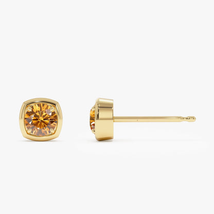 14K Solid Gold Round Citrine Cushion Shaped Stud Earrings 0.90ctw