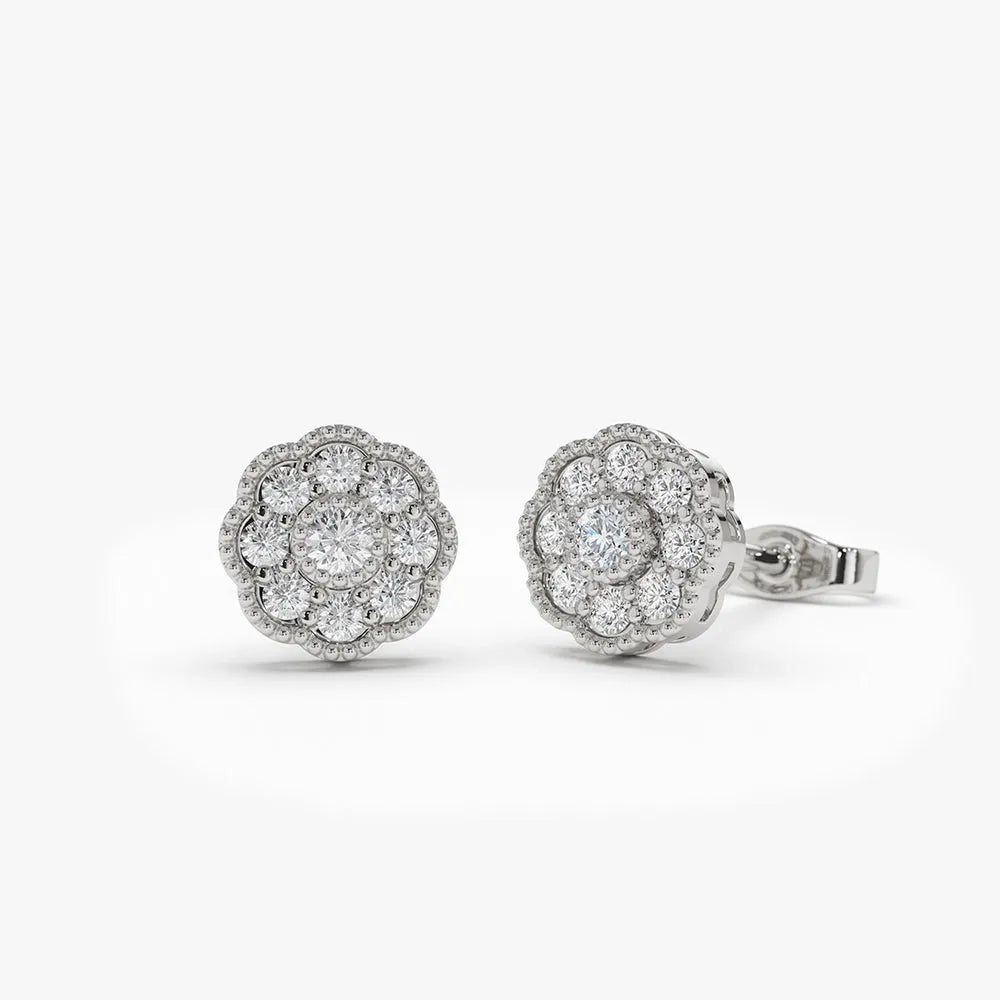 14k Gold Diamond Round Cut Floral Star Stud Earrings 0.30 ctw