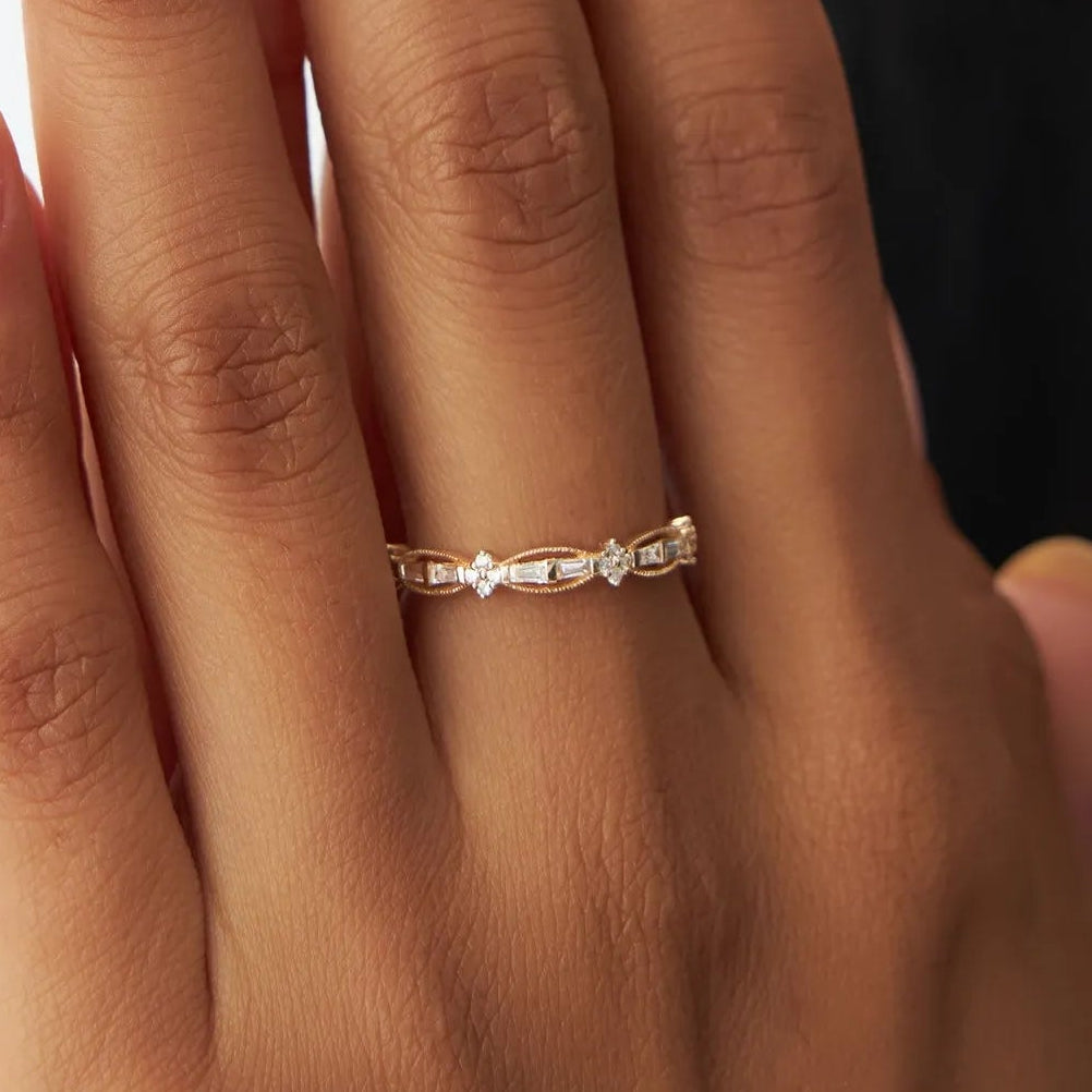 14k Gold 0.18 CTW Baguette and Round Diamond Vintage Inspired Wedding Ring