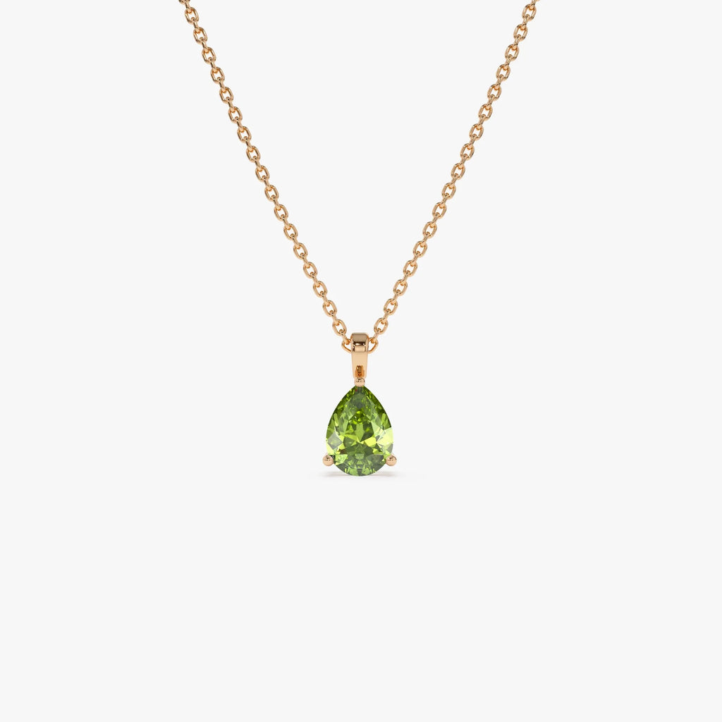 14k Solid Gold Peridot Pear Shaped Solitaire Necklace 0.65 Carat