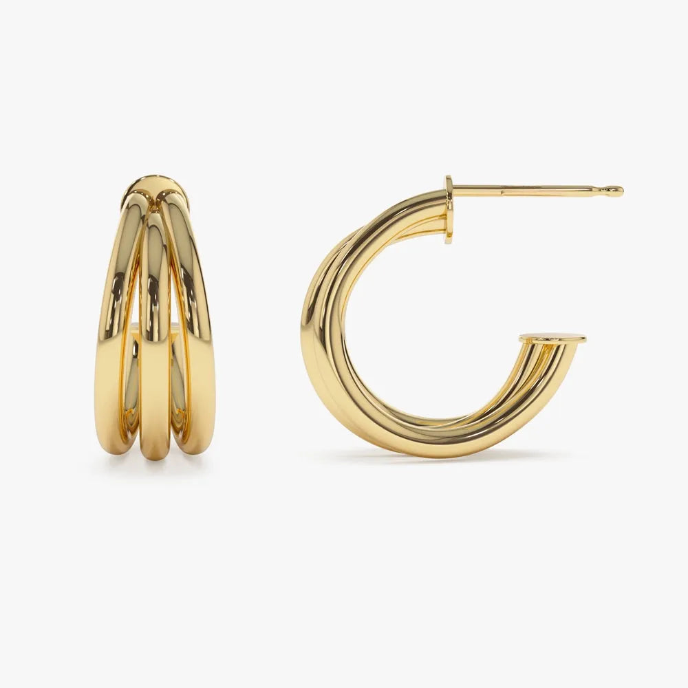 14k Gold Triple Row Tube Statement Hoop Earrings 20mm Length 15.5mm Width