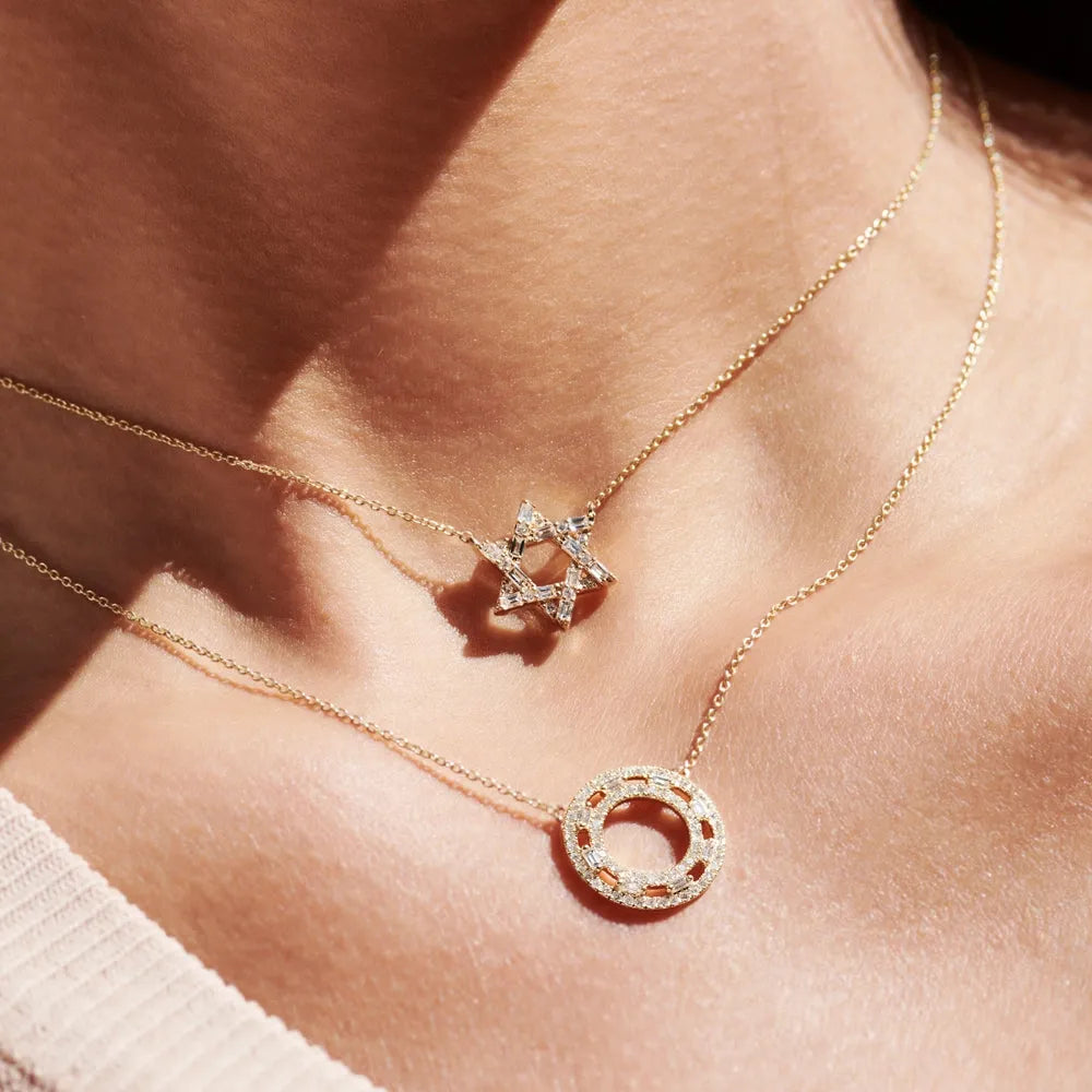 14k Solid Gold Round and Baguette Diamond Full Circle Necklace 0.44 Carat