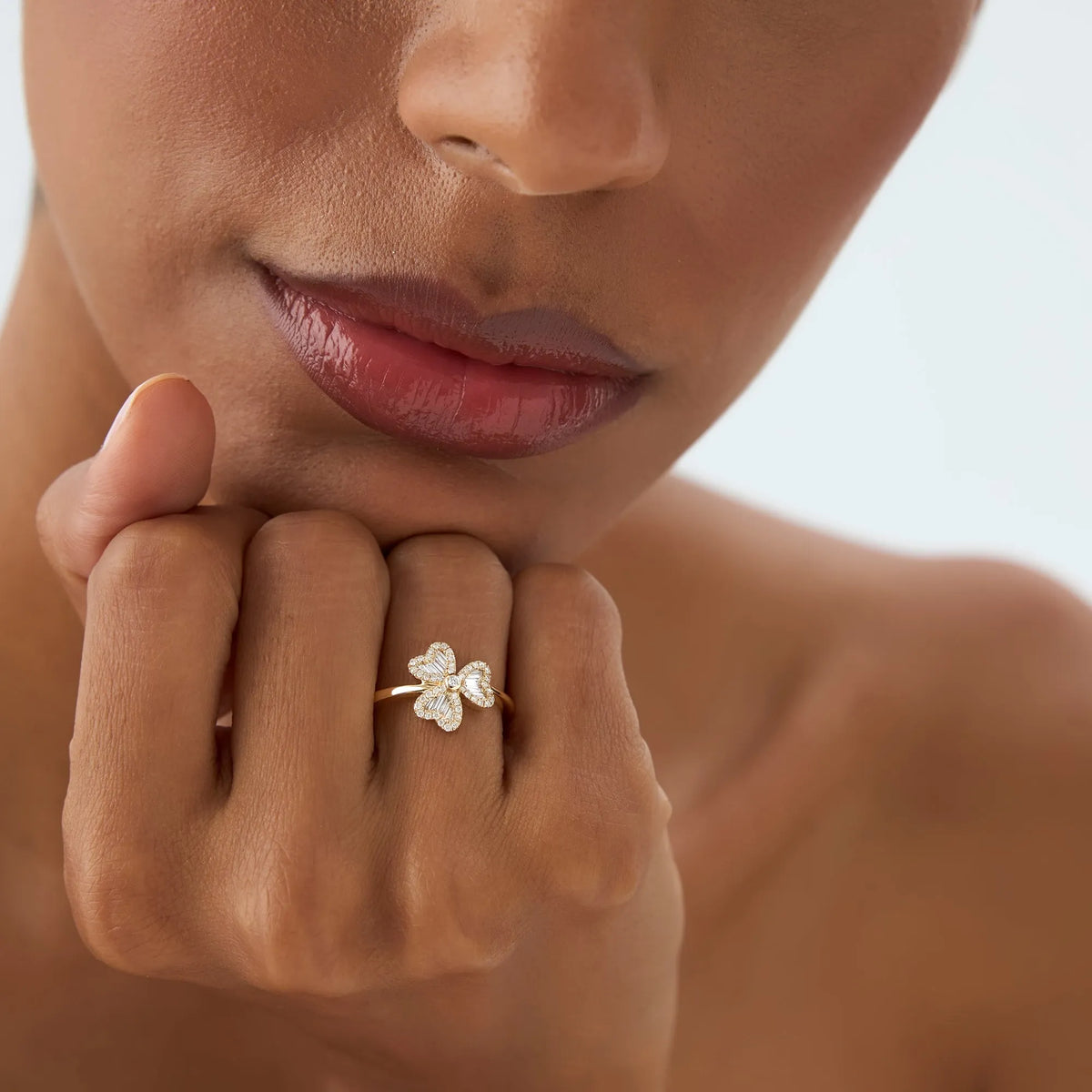 14K Solid Gold Baguette and Round Diamond 0.42 Carat Flower Clover Ring