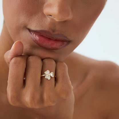 14K Solid Gold Baguette and Round Diamond 0.42 Carat Flower Clover Ring