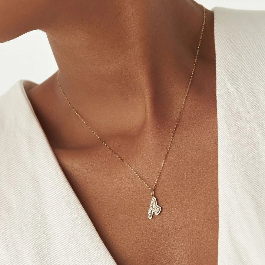 14K Solid Gold 0.15 CTW Round Diamond Script Font Initial Layered 3D Necklace