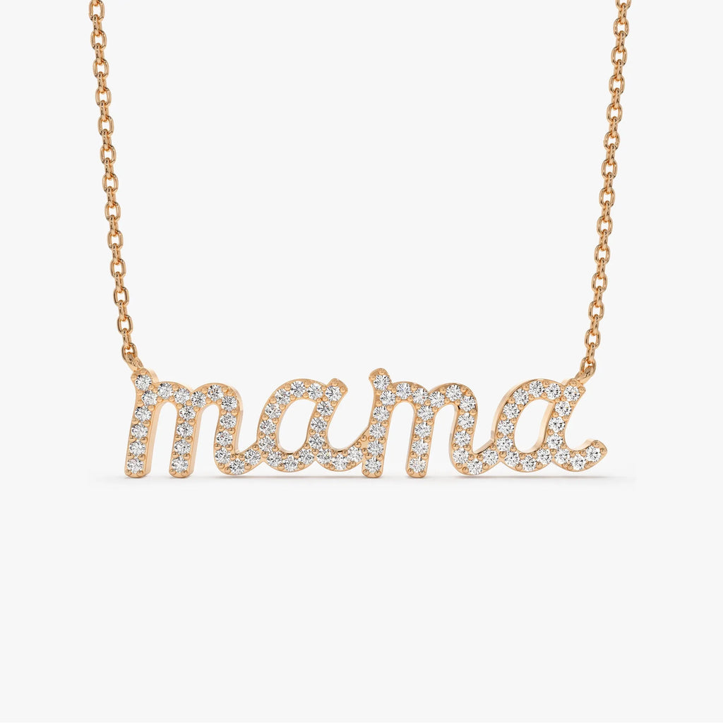14k Solid Gold Round Diamond 0.30 CTW Micro Pave Script Mama Necklace