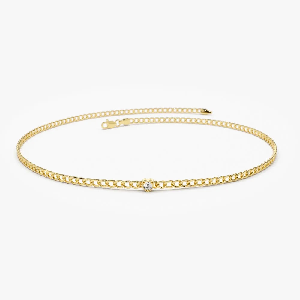 14K Solid Gold Round Diamond Heart Bezel Cuban Curb Link Bracelet 0.17 Carat