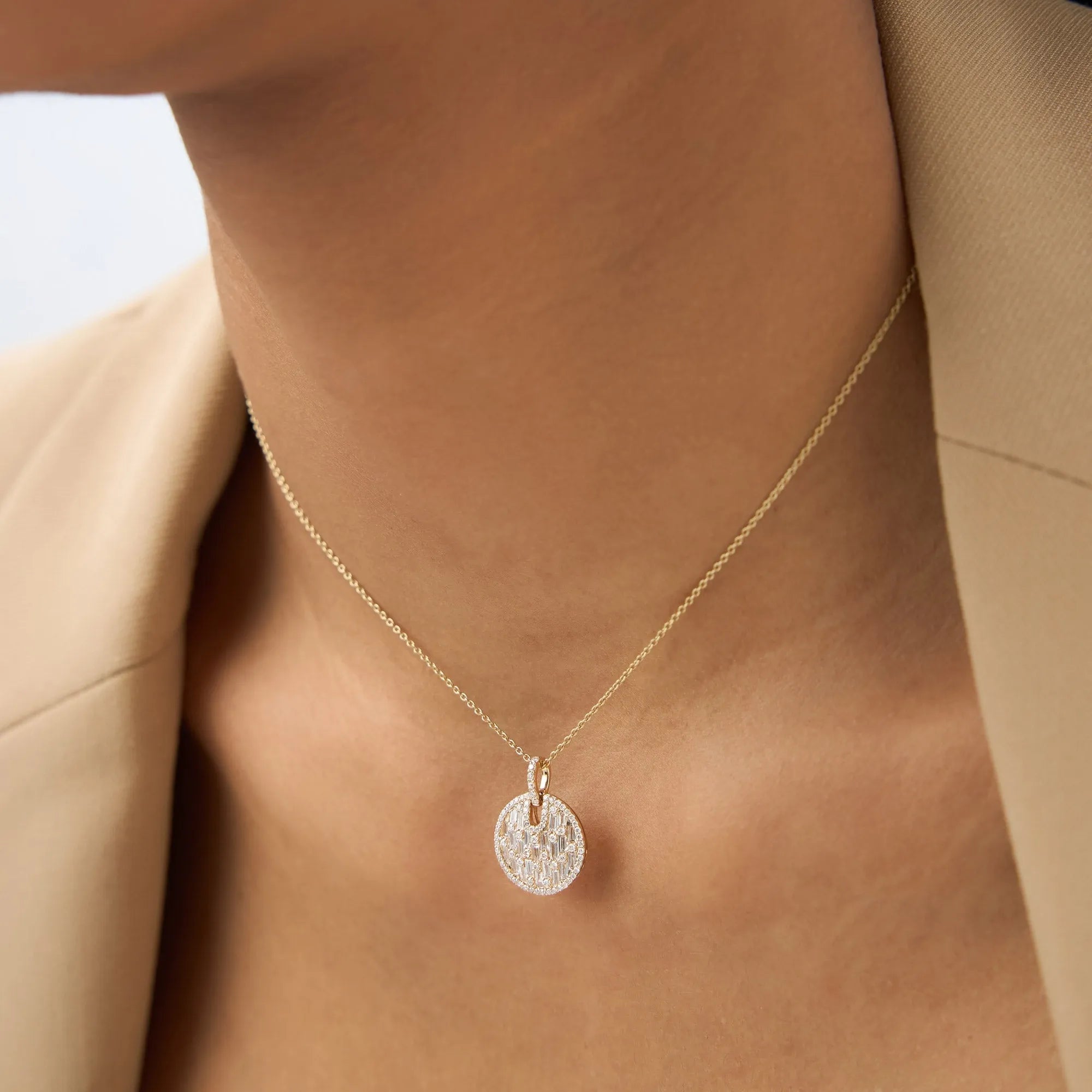14K Solid Gold 0.80 CTW Baguette and Round Diamond Disc Necklace Prong Setting