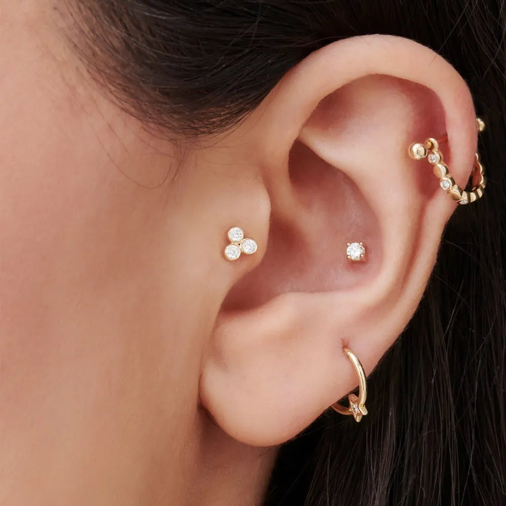 14k Gold Diamond Round Cut Trio Helix Piercing Single Earring 0.07 ctw