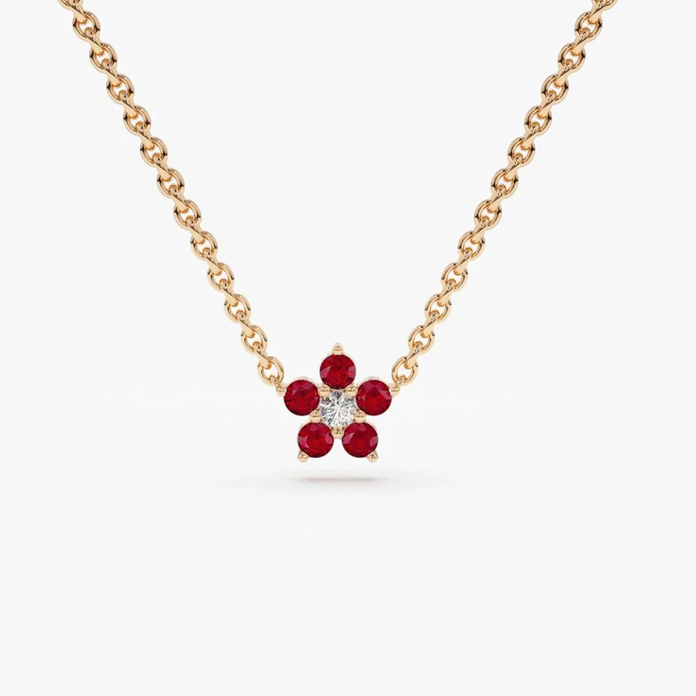 14k Solid Gold Ruby and Diamond Round Flower Charm Necklace 0.16 Carat Prong Setting