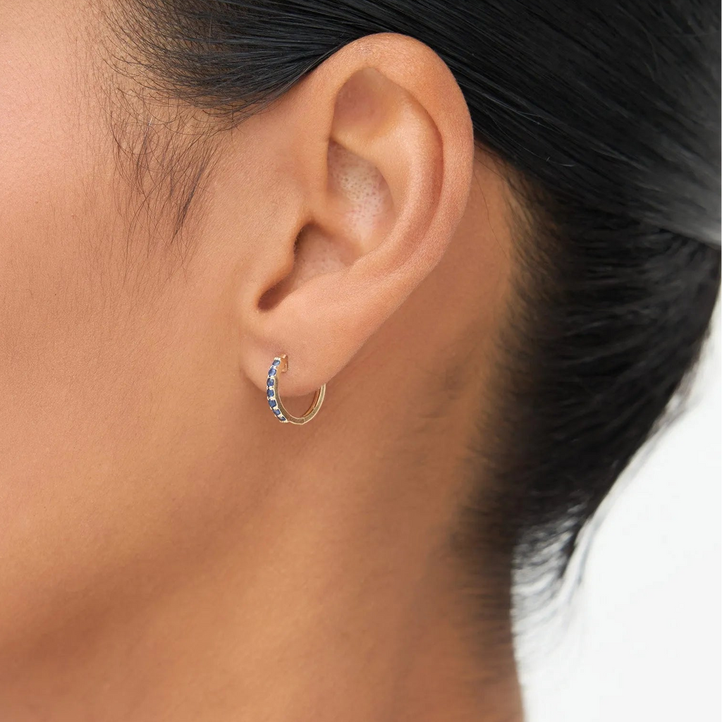 14k Gold Sapphire Round Cut Huggie Hoop Earrings 0.28 ctw