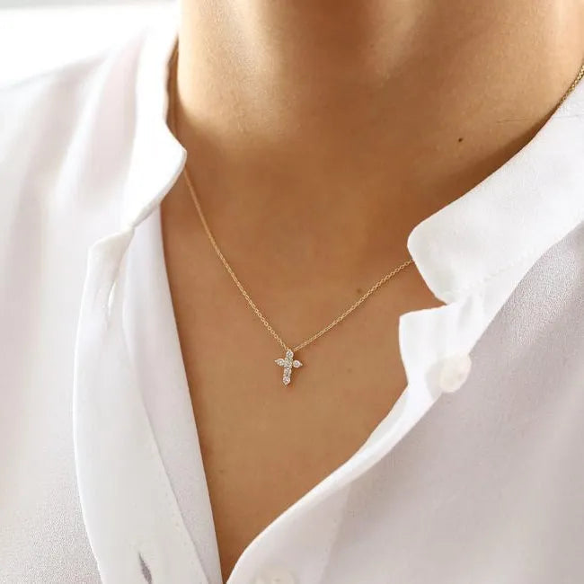 14K Solid Gold Lab Grown Diamond Round Cross Necklace 0.21cttw