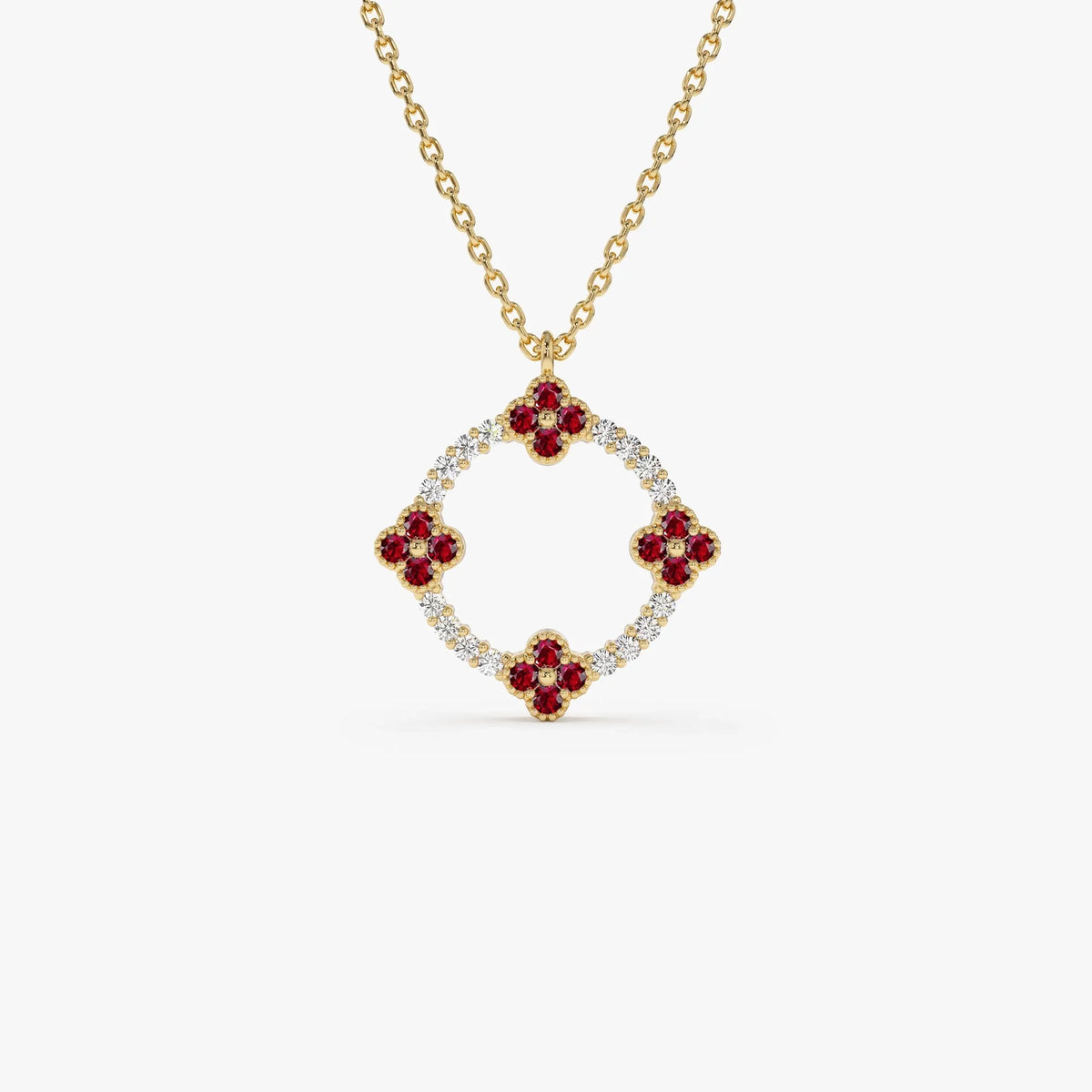 14k Solid Gold Ruby and Diamond Round Clover Necklace 0.32 Carat