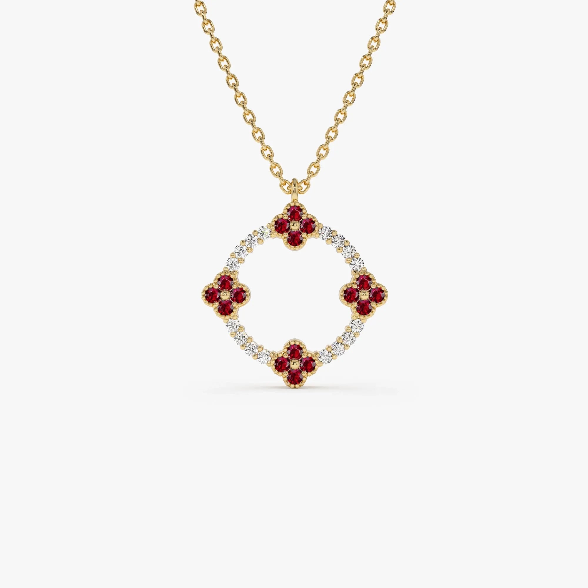 14k Solid Gold Ruby and Diamond Round Clover Necklace 0.32 Carat
