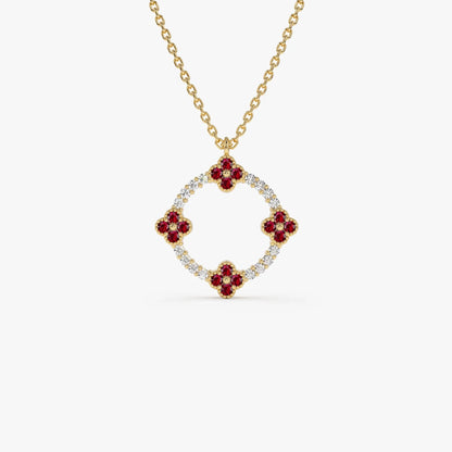 14k Solid Gold Ruby and Diamond Round Clover Necklace 0.32 Carat