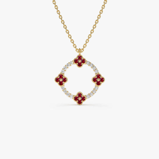 14k Solid Gold Ruby and Diamond Round Clover Necklace 0.32 Carat