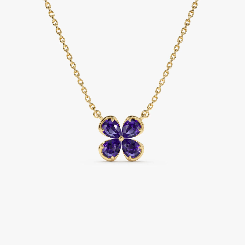 14k Solid Gold Amethyst Pear Shaped Four Leaf Clover Necklace 0.55 Carat