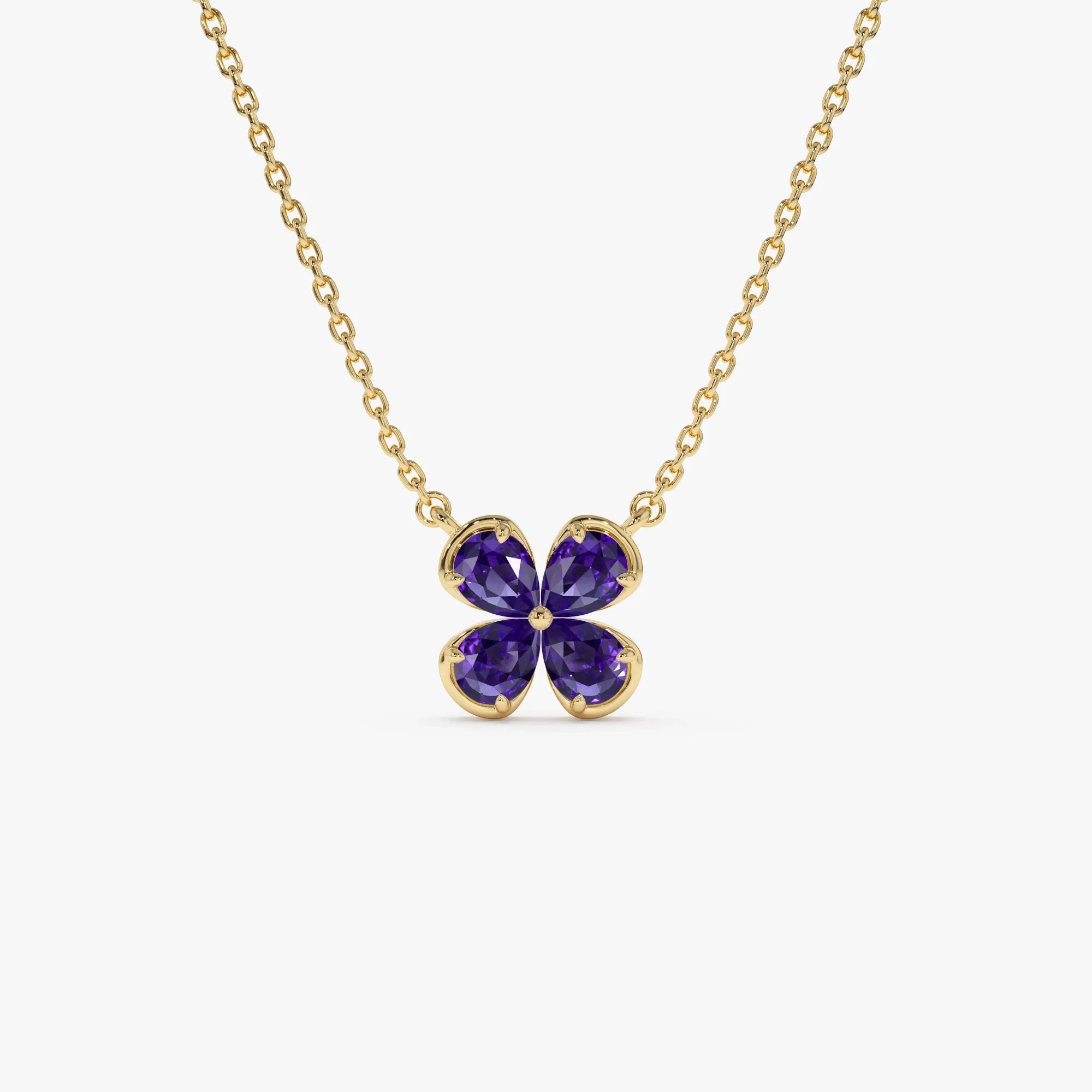 14k Solid Gold Amethyst Pear Shaped Four Leaf Clover Necklace 0.55 Carat
