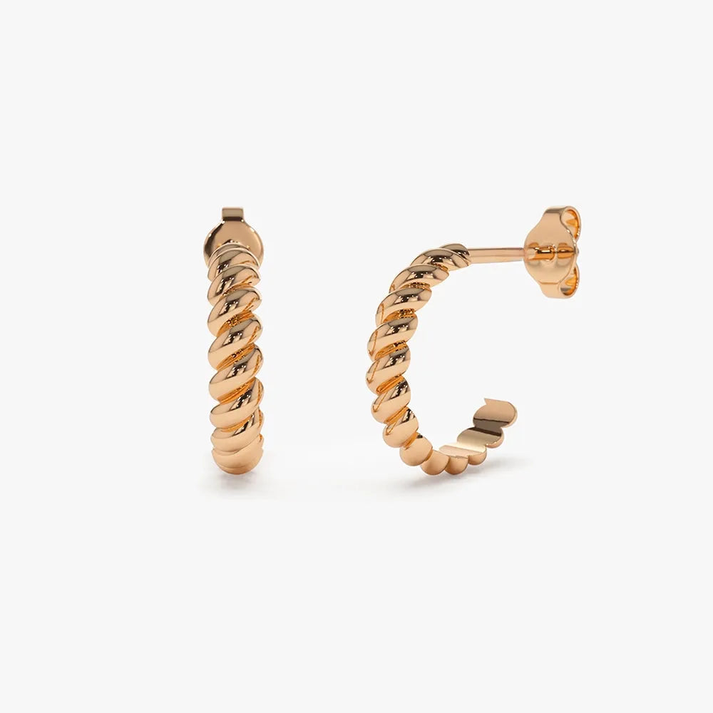 14k Solid Gold Braided Twist Lever-back Hoop Earrings 3mm Width