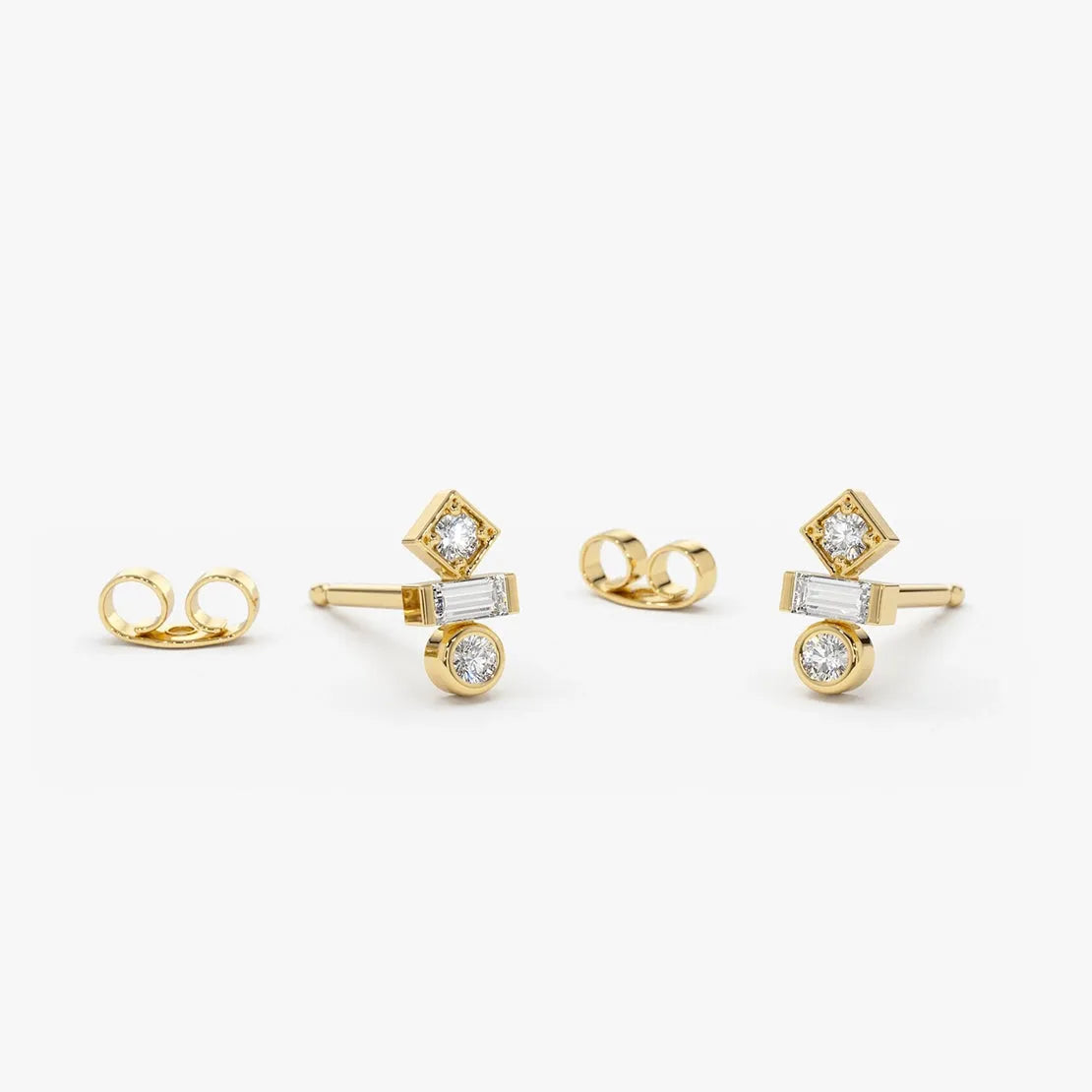 14k Gold Diamond Baguette and Round Cut Earrings Bezel Micro Prong 0.19 ctw