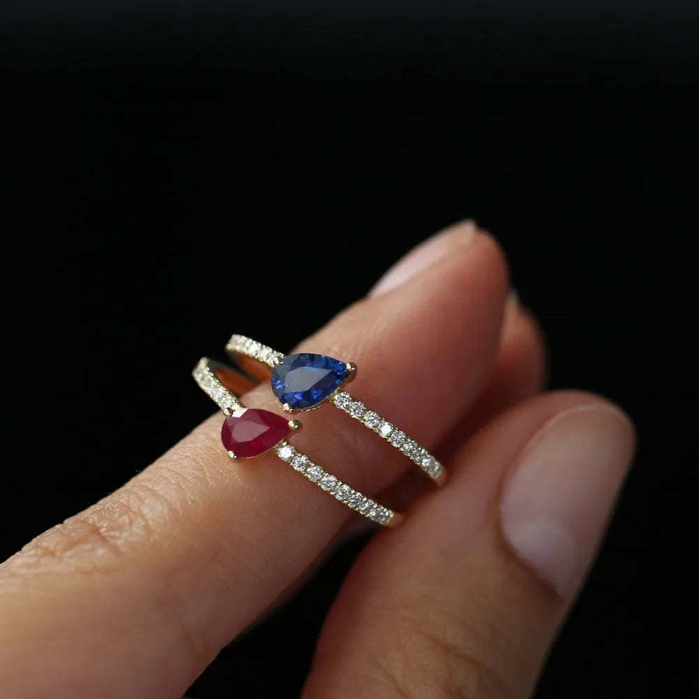 14k Gold Sapphire and Diamond Pear and Round Cut Slanted Pave Ring 0.67 ctw