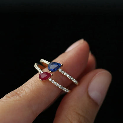 14k Gold Sapphire and Diamond Pear and Round Cut Slanted Pave Ring 0.67 ctw