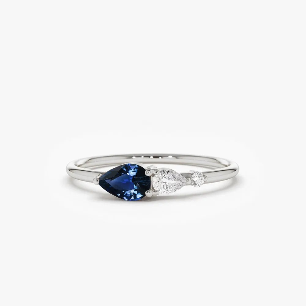 14k Gold Natural Sapphire and Diamond Pear Cut Ring Prong Setting 0.39 ctw