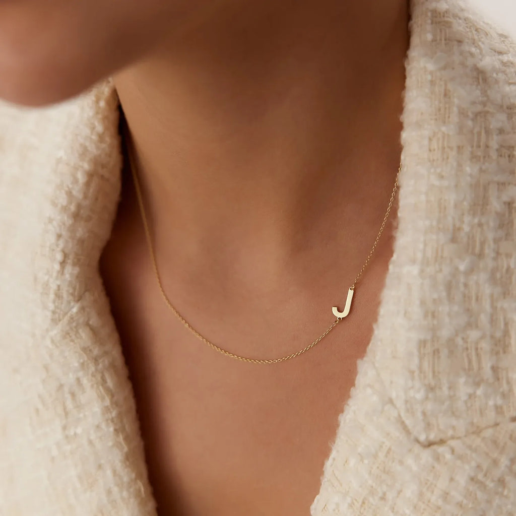 14k Solid Gold Sideways Off-Center Initial Letter Pendant Necklace Personalized