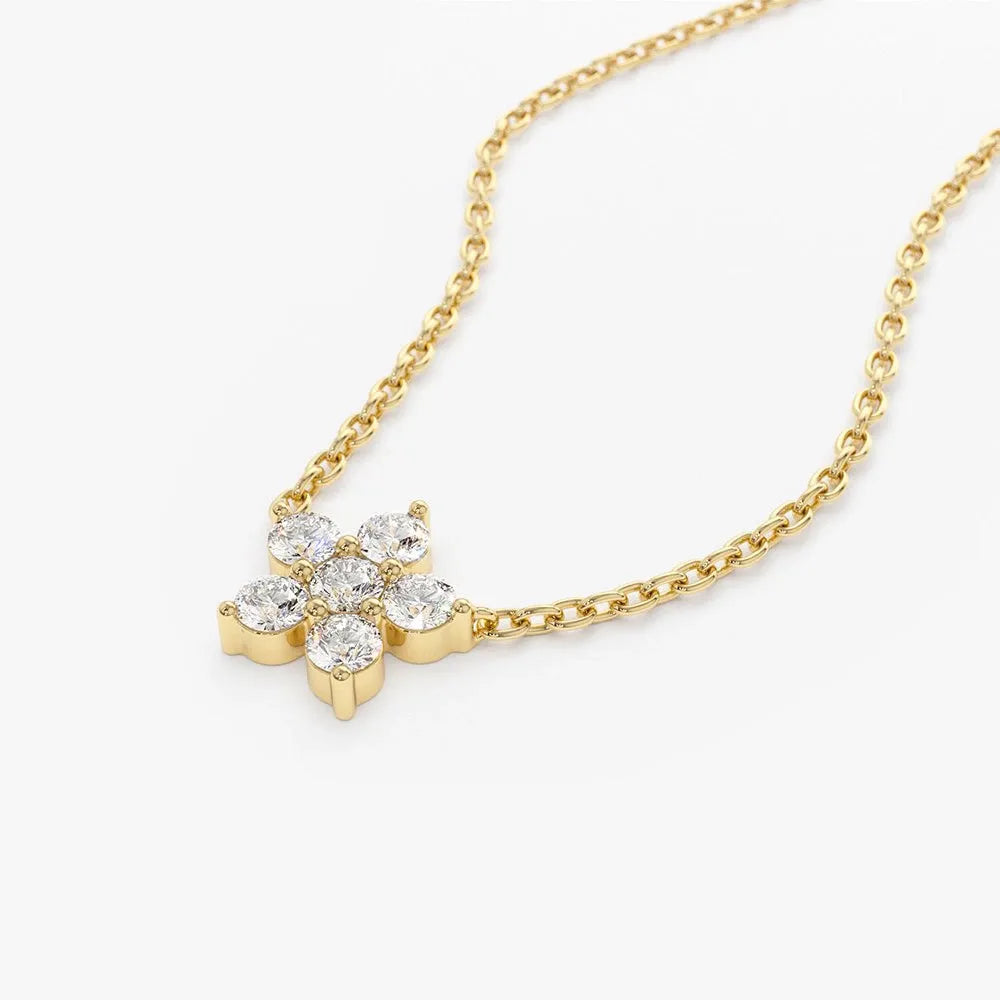 14K Solid Gold Round Diamond Flower Charm Necklace Prong Setting 0.18ctw
