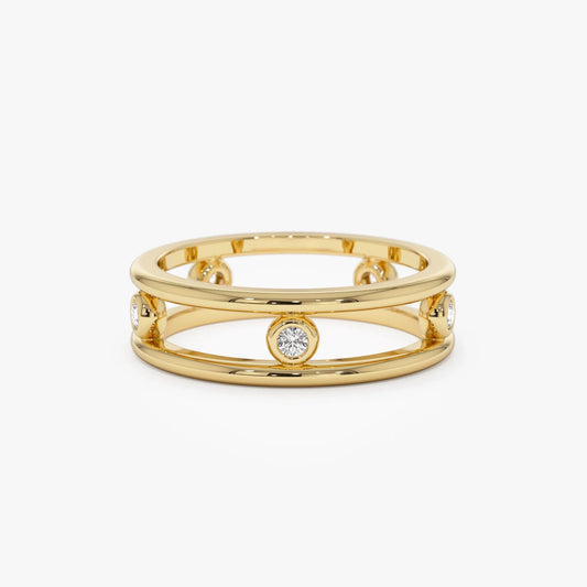 14K Solid Gold Natural Diamond Round Cut Bezel Setting Double Band Ring 0.18 ctw