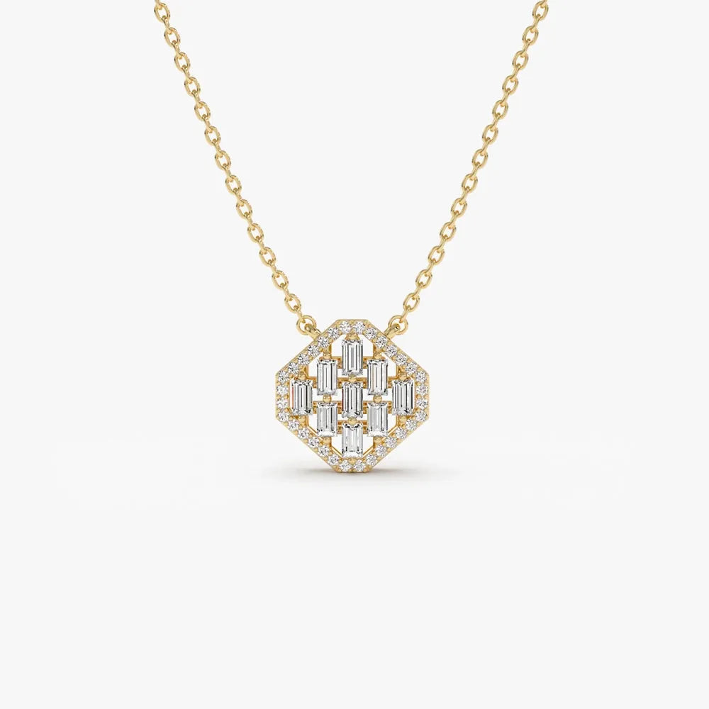 14K Solid Gold Baguette and Round Diamond Halo Necklace Prong Setting 0.32ctw