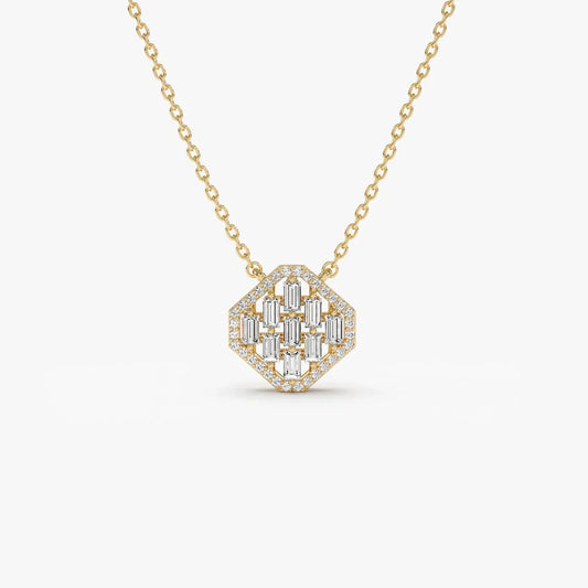 14K Solid Gold Baguette and Round Diamond Halo Necklace Prong Setting 0.32ctw