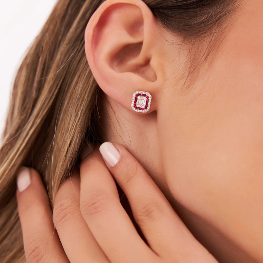 14k Gold Ruby and Diamond Baguette and Round Cut Halo Stud Earrings 0.80 ctw