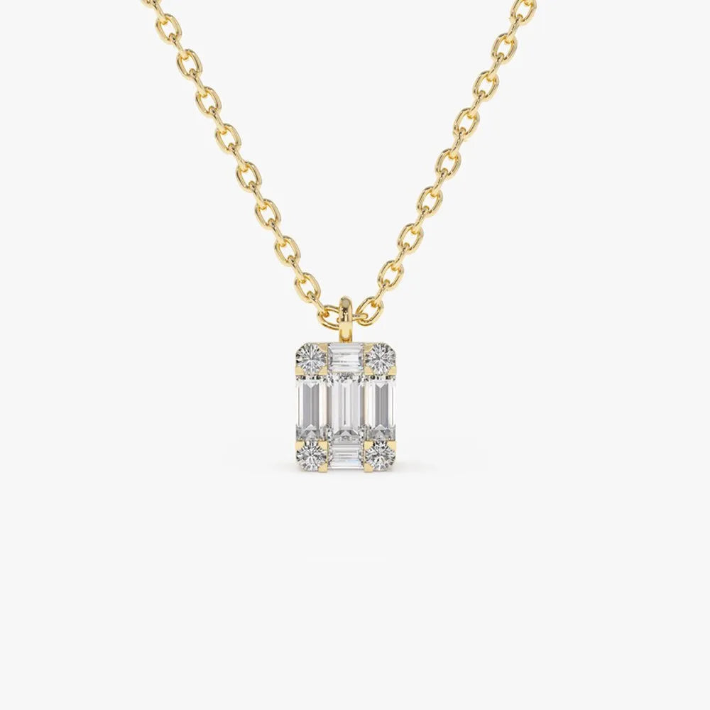 14K Solid Gold Baguette and Round Diamond Charm Pendant Necklace 0.15ctw