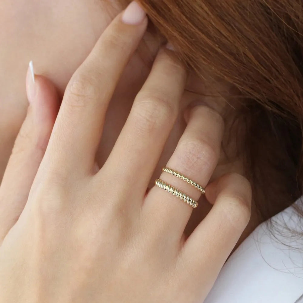 14K Solid Gold 2mm Twisted Rope Stackable Wedding Band Ring