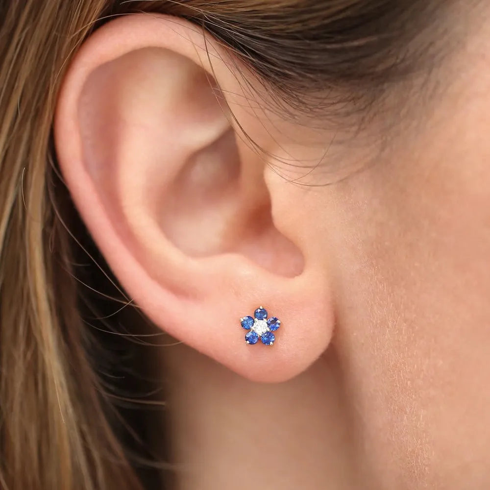 14k Solid Gold Blue Sapphire and Round Diamond Flower Stud Earrings 0.32 ctw